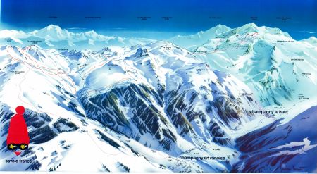 CHAMPAGNY EN VANOISE - LA PLAGNE - affiche/plan des pistes de ski par Pierre Novat (1979)