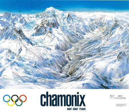 VALLEE DE CHAMONIX - PLAN DES PISTES ET REMONTEES MECANIQUES - affiche de Pierre Novat (1984)