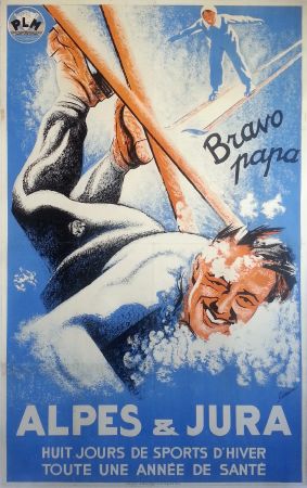 PLM ALPES & JURA - BRAVO PAPA - affiche originale par Coulon (ca 1935)