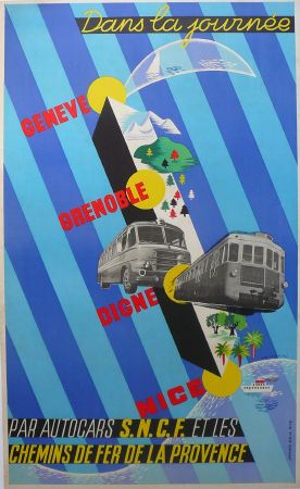GENEVE-NICE PAR AUTOCARS SNCF ET LES CHEMINS DE FER DE LA PROVENCE - affiche originale (ca 1955)
