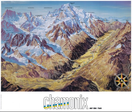 CHAMONIX - PANORAMA ESTIVAL ET PLAN DES REMONTEES MECANIQUES - affiche de Louis Koller (1961/1991)