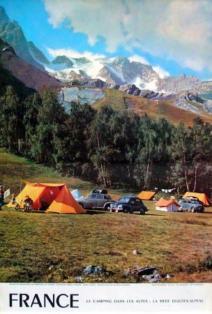 LE CAMPING DANS LES ALPES - LA GRAVE LA MEIJE - affiche originale par Machatschek - 1960