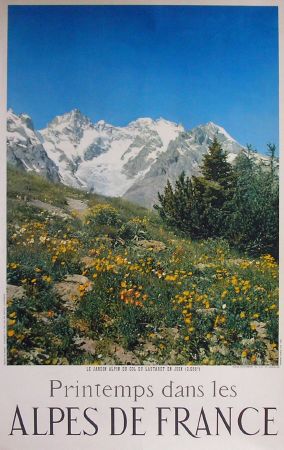 PRINTEMPS DANS LES ALPES DE FRANCE - LE JARDIN ALPIN DU COL DU LAUTARET - affiche touristique 1956