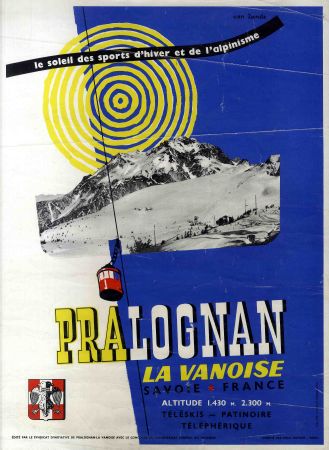 PRALOGNAN LA VANOISE, TELESKIS, PATINOIRE, TELEPHERIQUE, par Van Zande - affiche ancienne, années 50