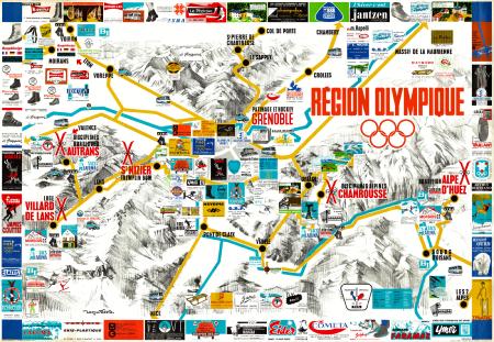 REGION OLYMPIQUE GRENOBLE 1968 - affiche/poster publicitaire des sites et entreprises olympiques