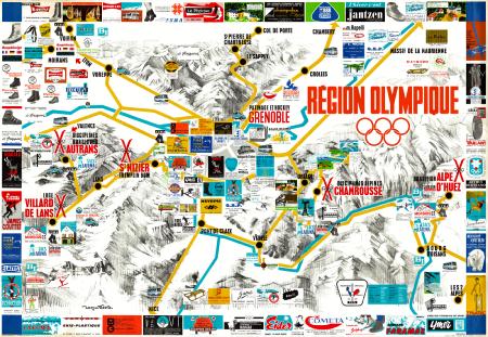 REGION OLYMPIQUE GRENOBLE 1968 - affiche/poster publicitaire des sites et entreprises olympiques