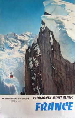 FRANCE CHAMONIX-MONT-BLANC, LE TELEPHERIQUE DU BREVENT - affiche ancienne photo de Tairraz - 1959