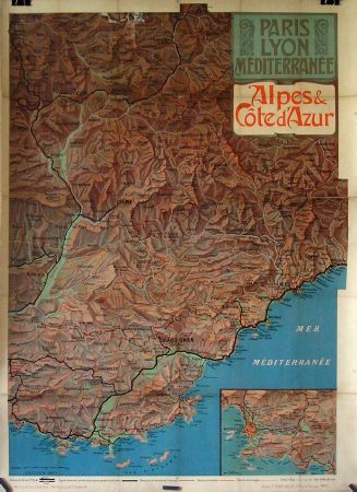 PARIS LYON MEDITERRANEE - ALPES & COTE D'AZUR, atelier F. Hugo d'Alesi - affiche originale de 1907